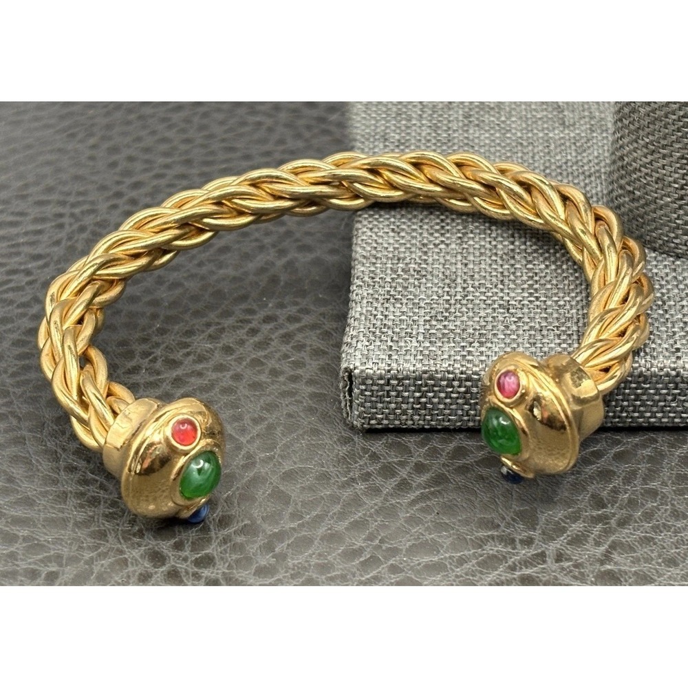 Vintage 80s Gripoix Style Twisted Rope Bracelet Red Green Blue Cabochon Cuff 7"